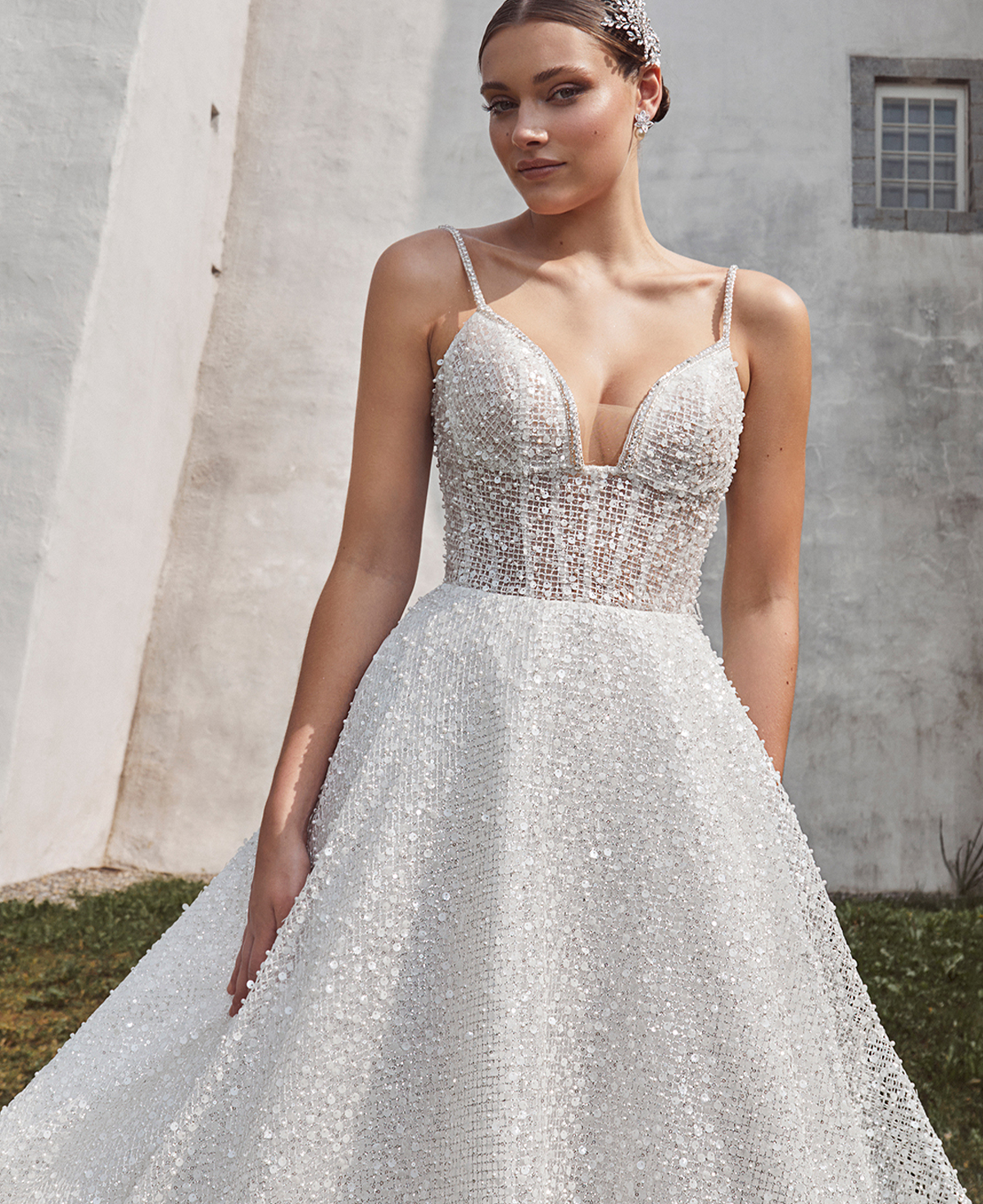 Super Sparkly Wedding Dress with Pockets and Spaghetti Straps