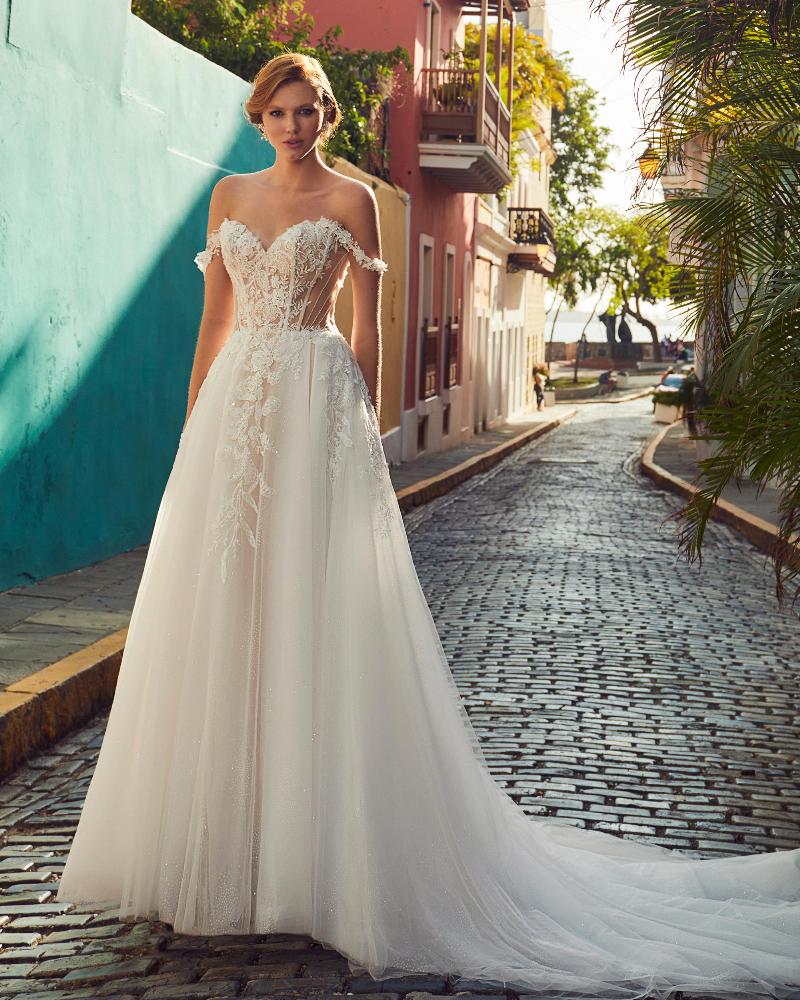 Shazeem Straight Across 3D Lace Sheath Wedding Gown by Calla